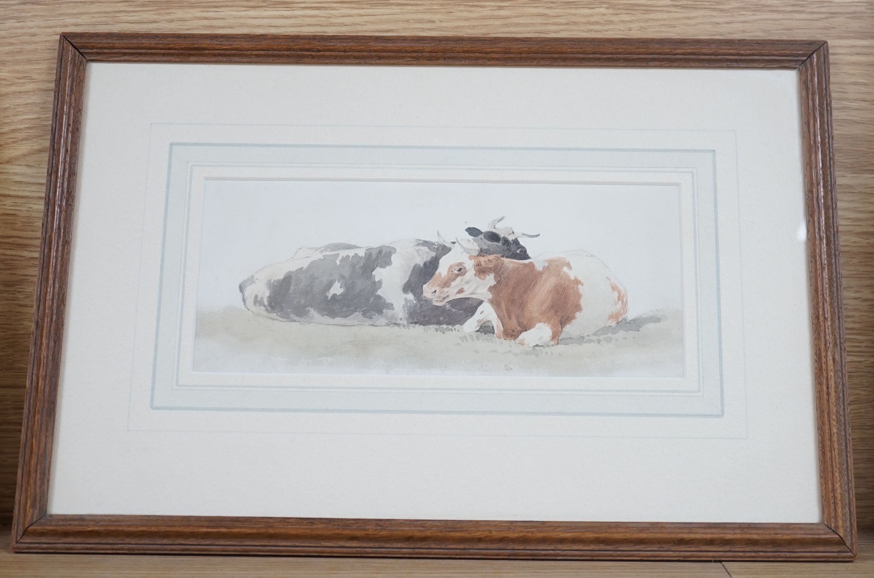 Edward Duncan (1803-1882), Two recumbent cows, watercolour, 10 x 23cm